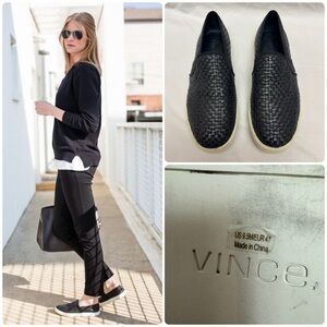 Vince Preston Black Leather Woven Slip On Sneakers Women’s size 9.5